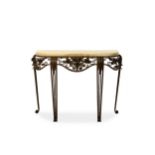 IN THE MANNER OF EDGAR BRANDT, A FREE-STANDING WROUGHT IRON AND MARBLE TOPPED CONSOLE TABLE.