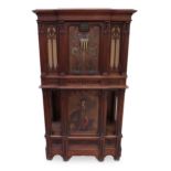 A FRENCH LEATHER MOUNTED AND POLYCHROME DECORATED WALNUT CABINET ON STAND.