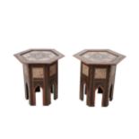 A PAIR OF HARDWOOD EBONISED AND MOTHER OF PEARL INLAID OCCASIONAL TABLES.