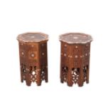 A PAIR OF HARDWOOD BONE AND MOTHER OF PEARL INLAID OCCASIONAL TABLES.