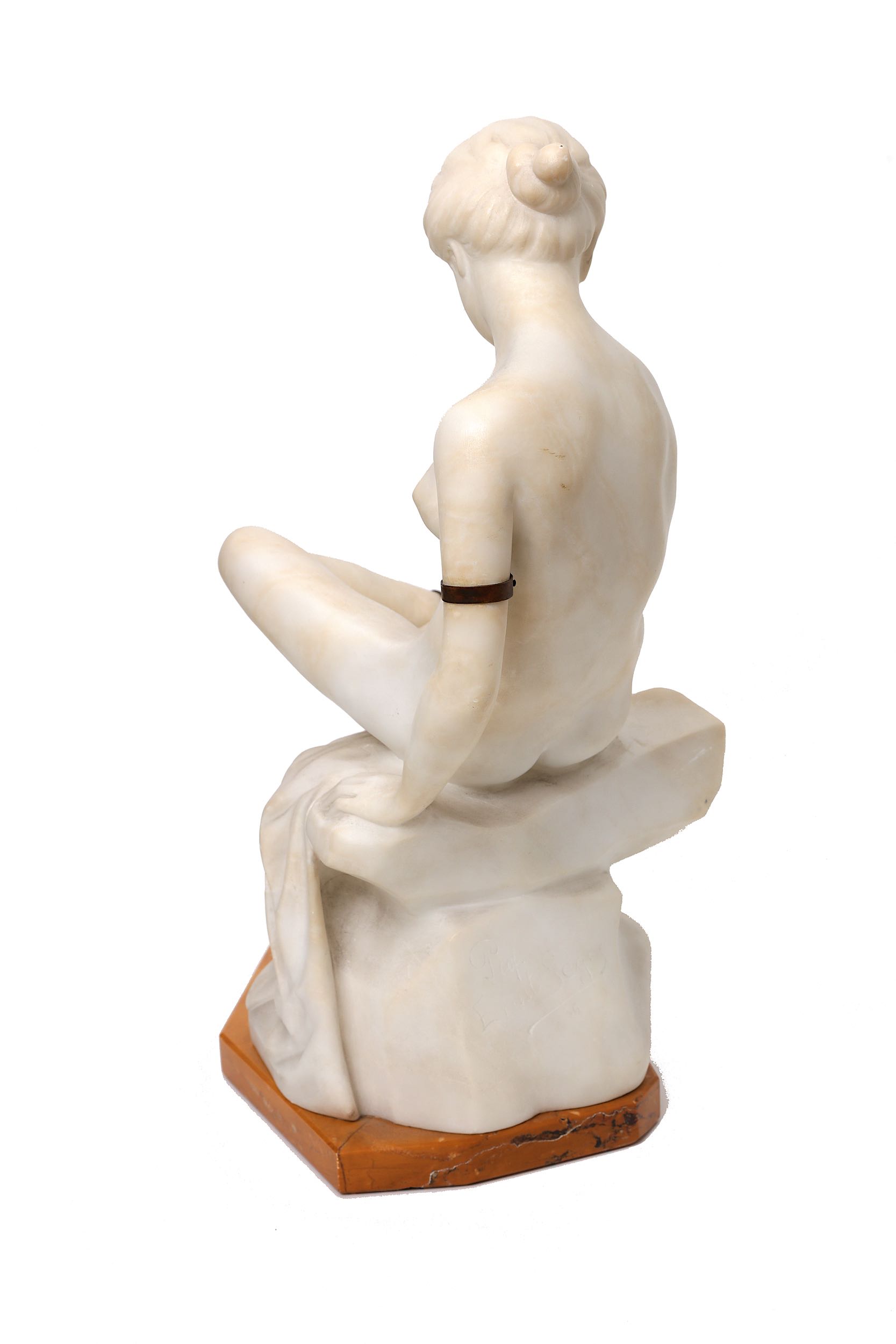 ERNST SEGER, AN ALABASTER AND BRONZE FIGURE OF A SEATED NUDE LACING HER SANDLE. - Image 6 of 7