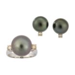 A cultured pearl and diamond ring and earstuds