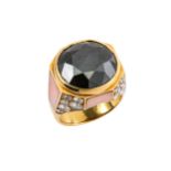 A black diamond, diamond and coral dress ring