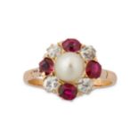 A ruby, diamond and natural pearl ring