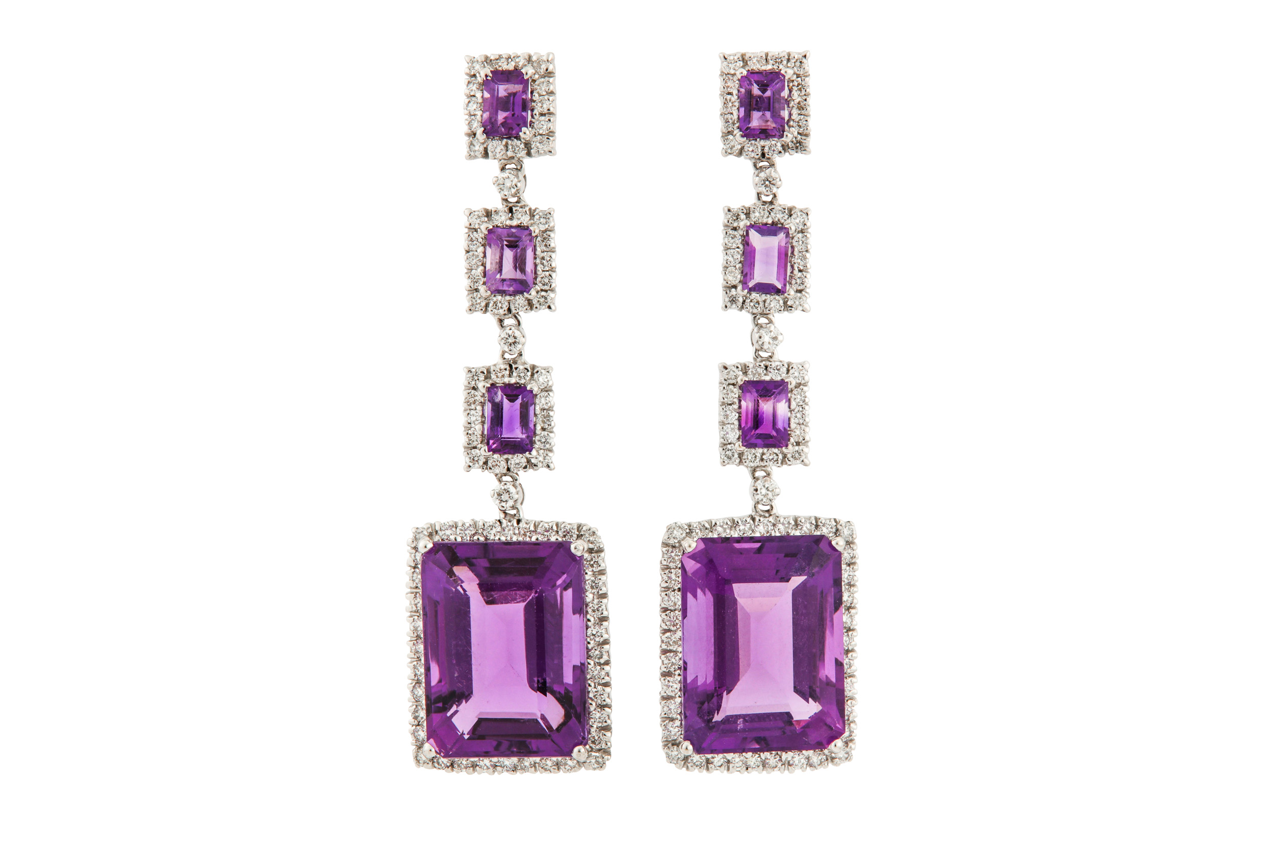 A pair of amethyst and diamond pendent earrings