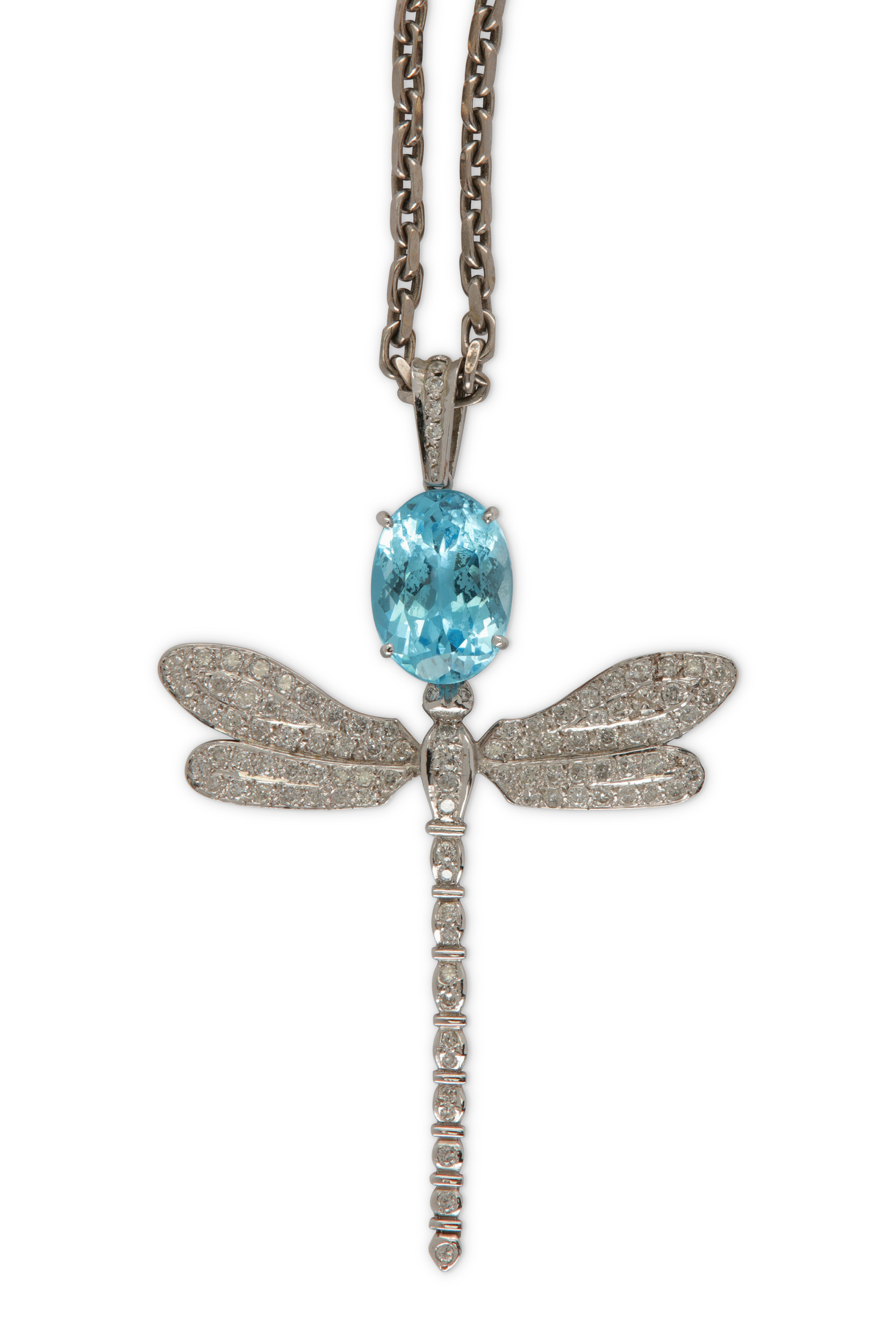 A blue topaz and diamond dragonfly pendant necklace