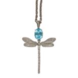 A blue topaz and diamond dragonfly pendant necklace