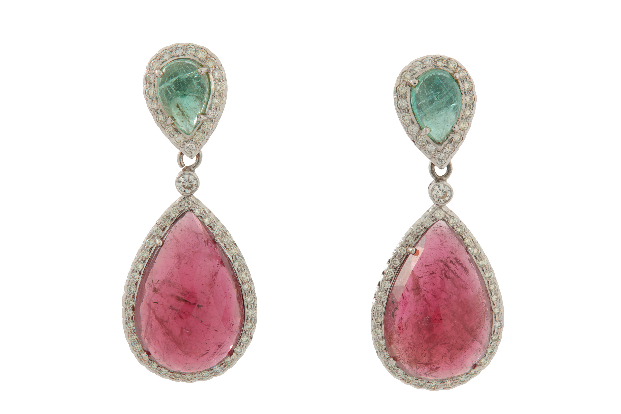 A pair of emerald, tourmaline and diamond pendent earrings