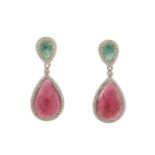 A pair of emerald, tourmaline and diamond pendent earrings