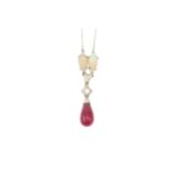 An opal, diamond and pink tourmaline pendant necklace