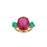 A pink tourmaline and emerald ring