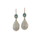A pair of aquamarine, diamond and cultured pearl earrings