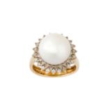 A cultured pearl and diamond ring