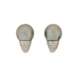 A pair of cultured pearl and diamond earclips