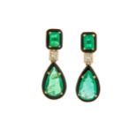 A pair of emerald, diamond and enamel pendent earrings