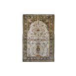 A VERY FINE SILK QUM PRAYER RUG, CENTRAL PERSIA approx: 4ft.5in. x 3ft.7in.(135cm. x 109cm.) The