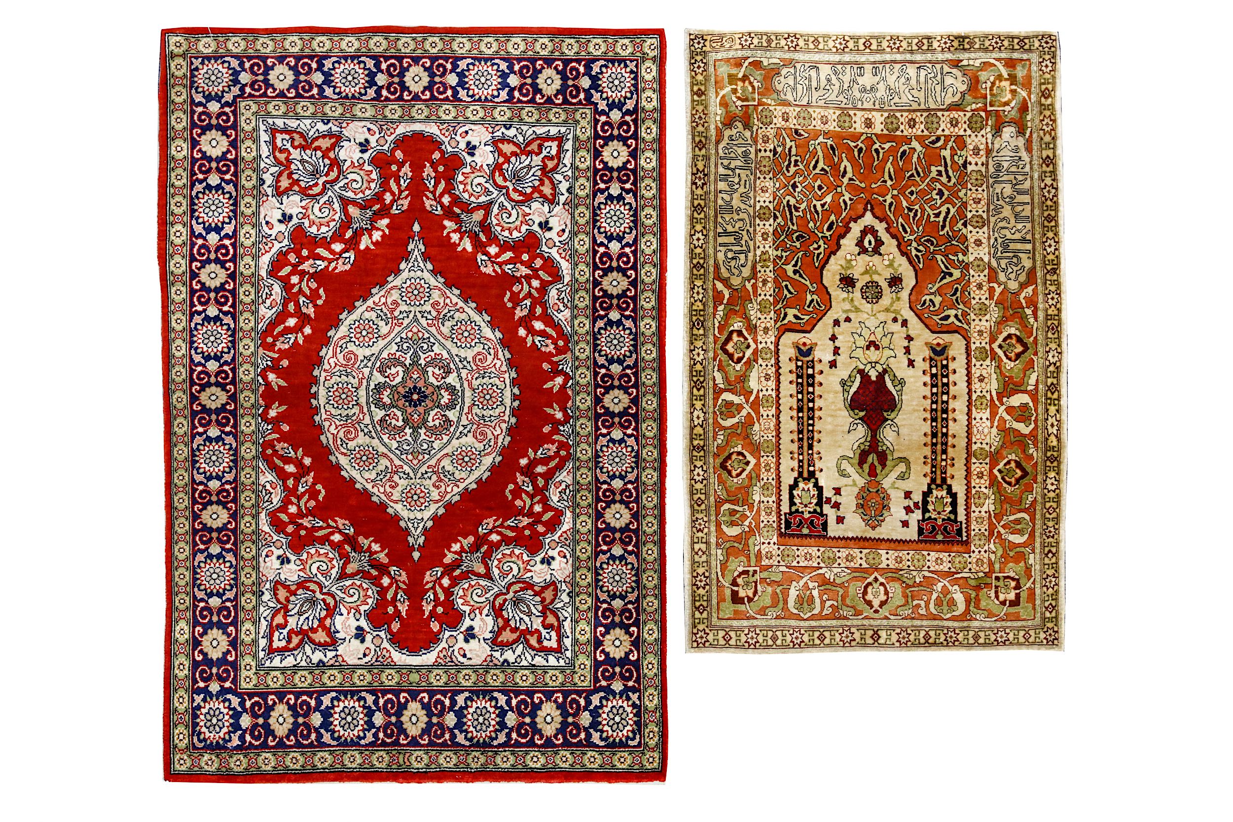 A LOT OF TWO VERY FINE HEREKE AND KEYSERI MATS, TURKEY approx: 3ft.1in. x 2ft.10in. and 2ft.2in. x