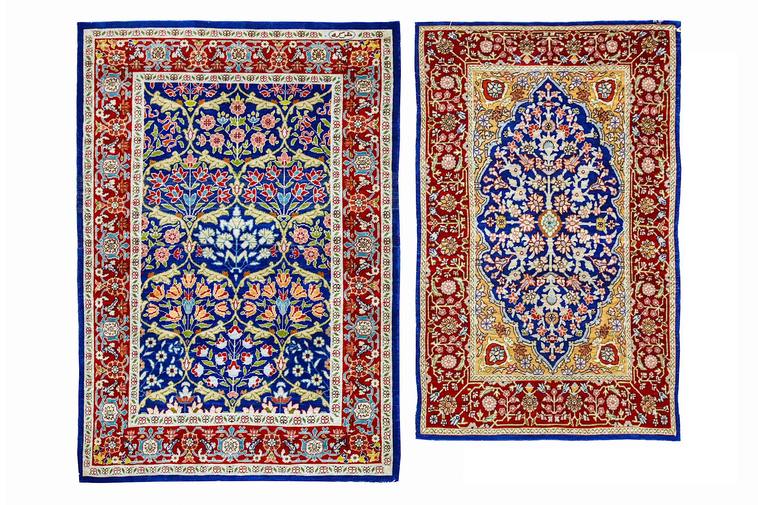 A LOT OF TWO VERY FINE SILK HEREKE MATS, TURKEY approx: 2ft7in. x 1ft.10in. and 2ft.4in. x 1ft.