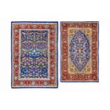A LOT OF TWO VERY FINE SILK HEREKE MATS, TURKEY approx: 2ft7in. x 1ft.10in. and 2ft.4in. x 1ft.