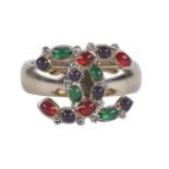 Chanel Gripoix Ring, c. 2017, brushed silver metal with pale red, green and purple CC design, fits