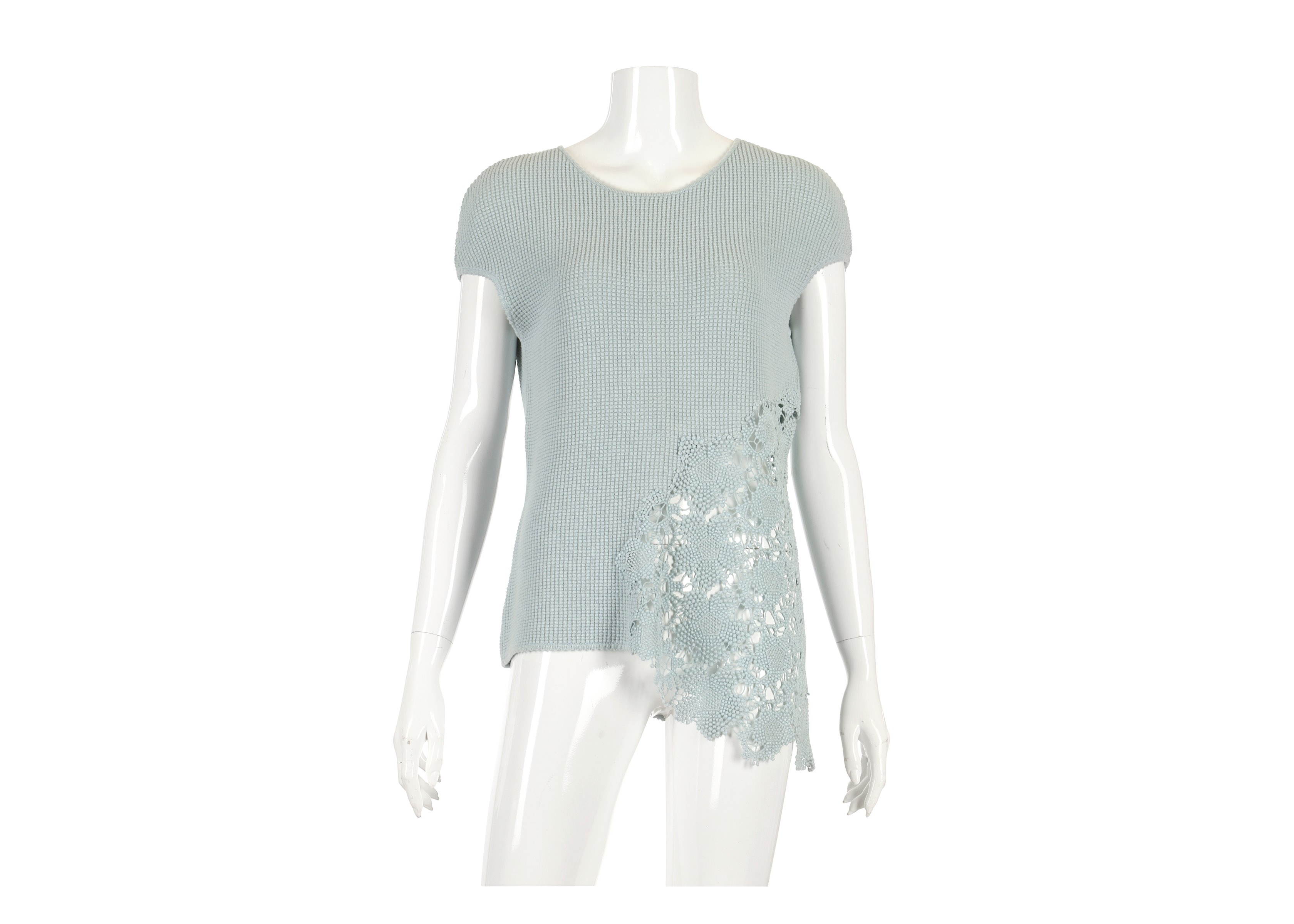 Chanel Baby Blue Crochet Top, 2010s, cotton body with crochet neckline and asymmetrical hem,