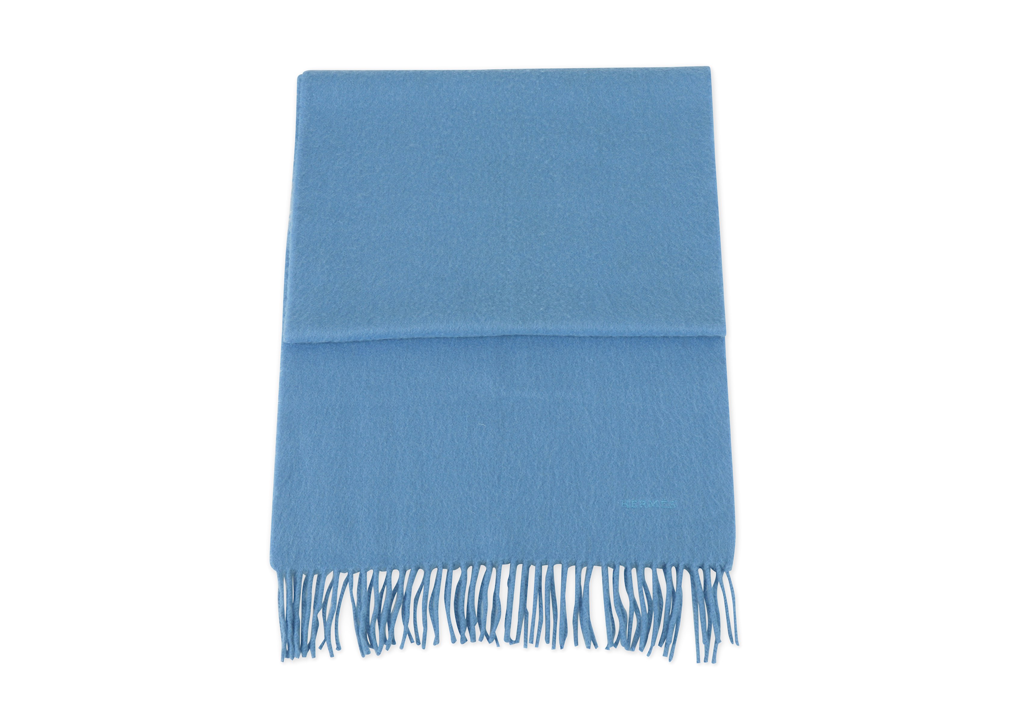 Hermes Powder Blue Cashmere Scarf, fringe detail, 38cm x 164cm Condition Grade B+ Please refer to