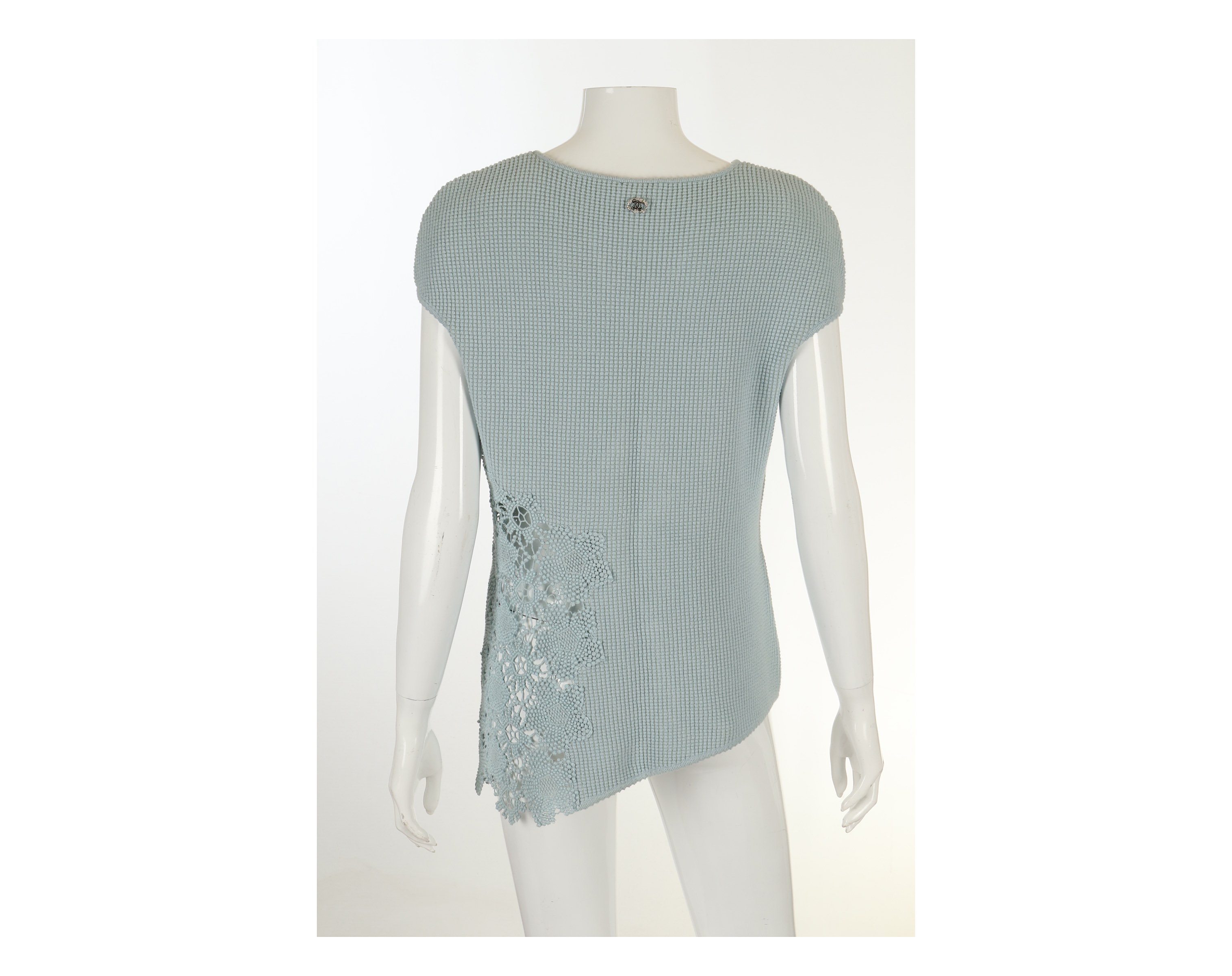 Chanel Baby Blue Crochet Top, 2010s, cotton body with crochet neckline and asymmetrical hem, - Image 4 of 6