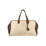 Hermes Canvas and Brown Leather Victoria Travel Bag, beige canvas with dark brown leather trim, gold