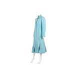 Salvatore Ferragamo Blue Wool Mohair Dress Coat, ruffle design to hem with silver and black