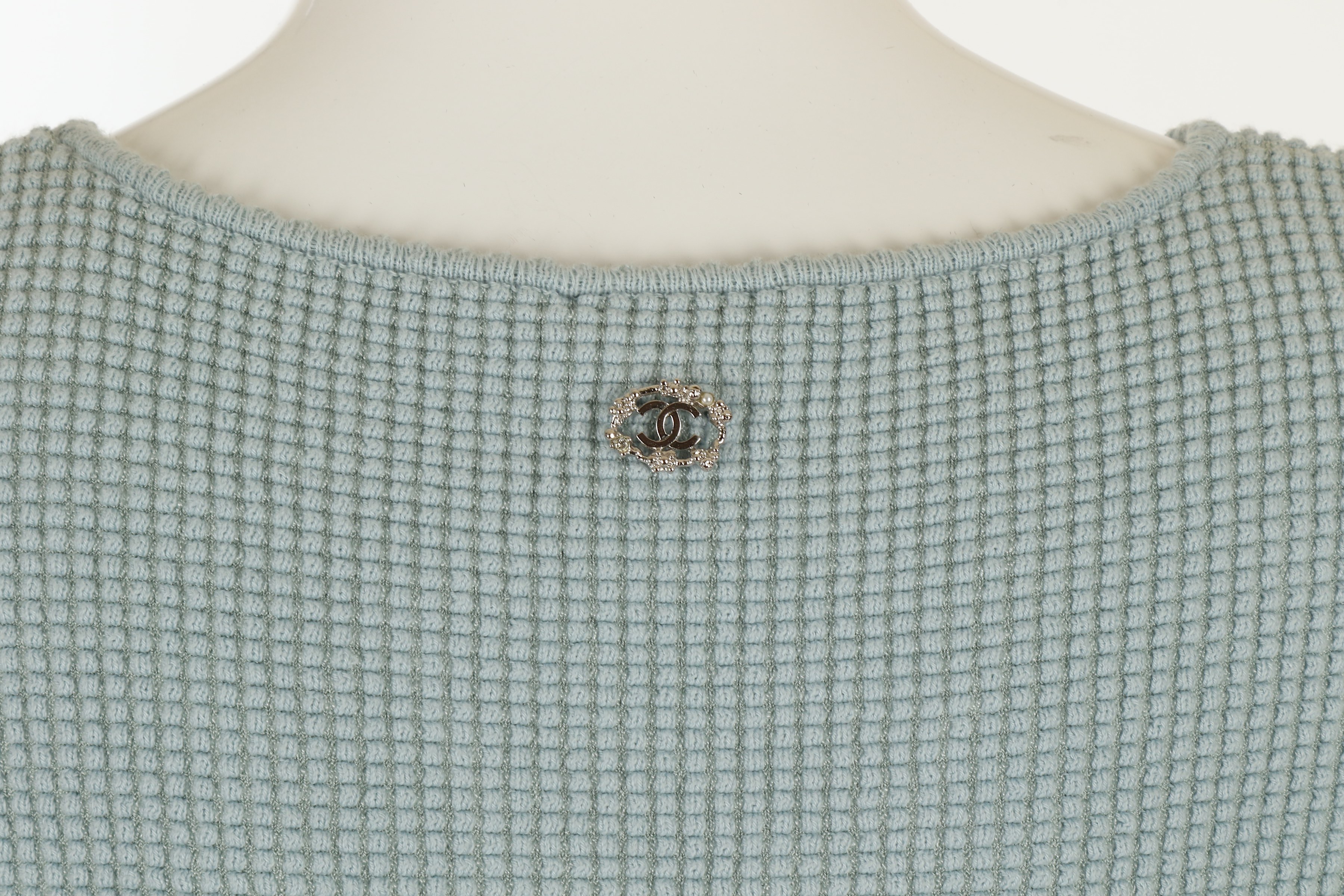 Chanel Baby Blue Crochet Top, 2010s, cotton body with crochet neckline and asymmetrical hem, - Image 5 of 6