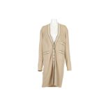 Salvatore Ferragamo Beige Long Cardigan, triple pocket detail with contrasting black stitching and