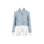 Chanel Sky Blue Jacket, 2010s, raw edge woven mix fabric with white trim and hammered silver metal