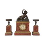 A MID 19TH CENTURY FRENCH NAPOLEON III BRONZE AND ROUGE MARBLE CLOCK GARNITURE