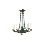 A LARGE EARLY 20TH CENTURY REGENCY STYLE TOLE PEINTRE AND ORMOLU CHANDELIER