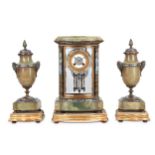 A LATE 19TH CENTURY FRENCH CHAMPLEVE ENAMEL, BRONZE AND ONYX FOUR GLASS CLOCK GARNITURE