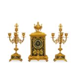 A LATE 19TH CENTURY FRENCH GILT BRONZE AND TOLE PEINTRE CLOCK GARNITURE IN THE RENAISSANCE REVIVAL S