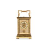A LACQUERED AND GILT BRASS CARRIAGE CLOCK WITH ALARM AND REPEAT SIGNED 'CAMERDEN & FORSTER NEW YORK'