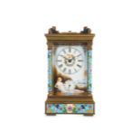 A LARGE BRASS, CLOISONNE AND ENAMEL CARRIAGE CLOCK WITH ALARM, REPEAT AND CENTRE SECONDS