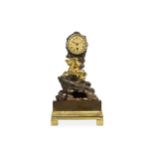 A MID 19TH CENTURY FRENCH GILT AND PATINATED BRONZE MANTEL CLOCK DEPICTING NAPOLEON CROSSING THE ALP
