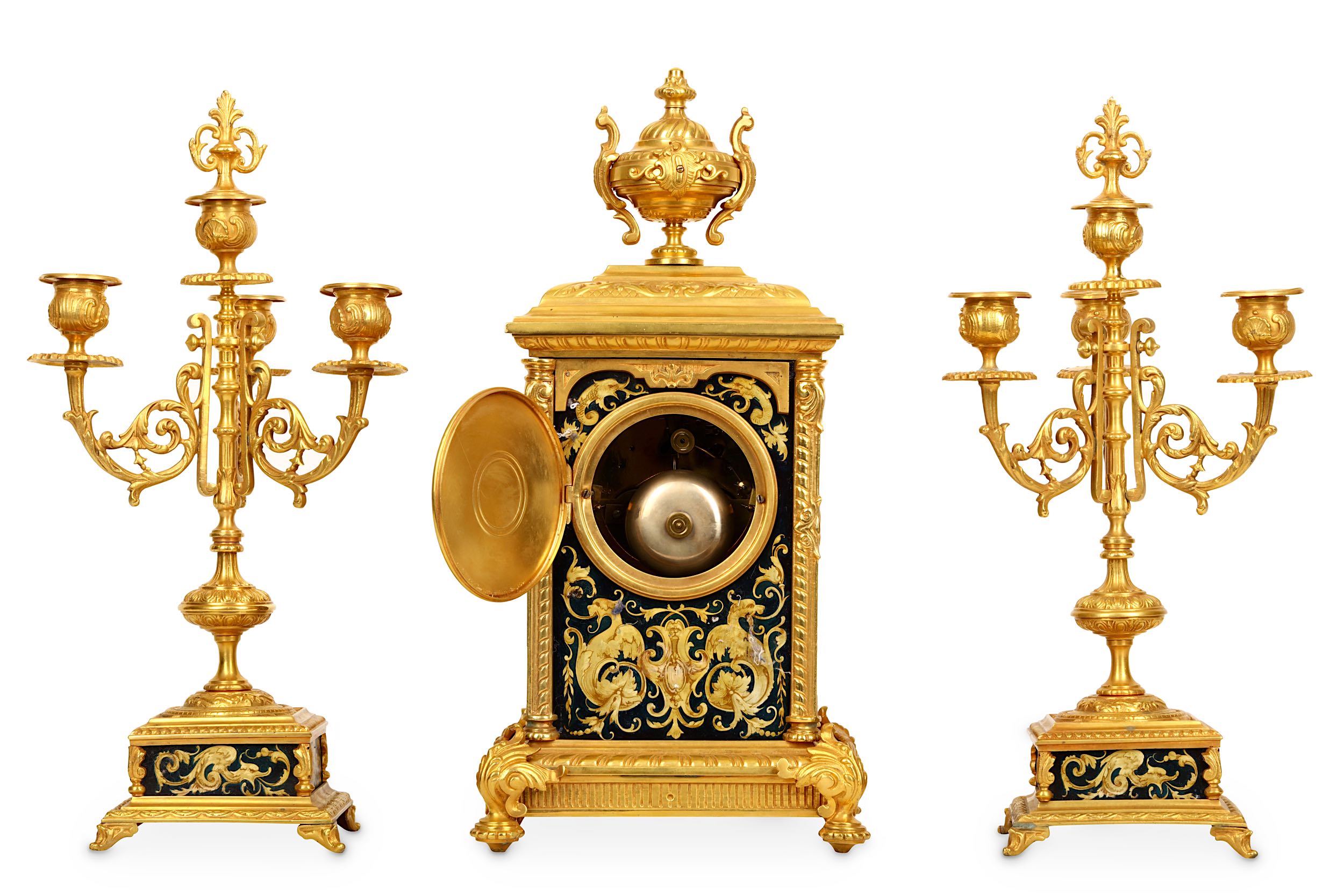 A LATE 19TH CENTURY FRENCH GILT BRONZE AND TOLE PEINTRE CLOCK GARNITURE IN THE RENAISSANCE REVIVAL S - Image 3 of 4