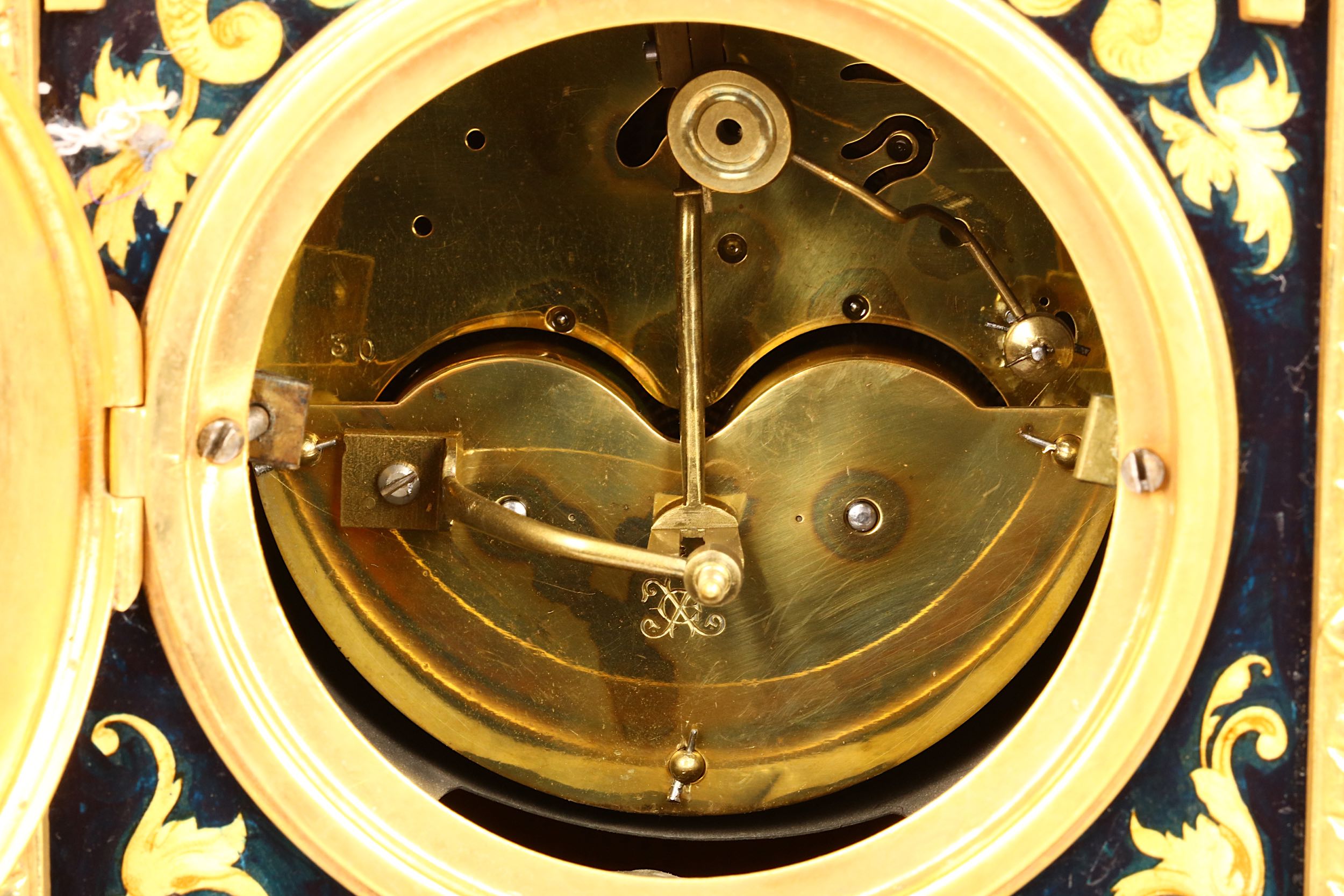 A LATE 19TH CENTURY FRENCH GILT BRONZE AND TOLE PEINTRE CLOCK GARNITURE IN THE RENAISSANCE REVIVAL S - Image 4 of 4