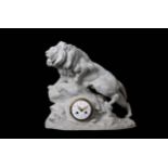 A 19TH CENTURY FRENCH BISCUIT PORCELAIN MANTEL CLOCK MODELLED AS A LION AFTER A MO
