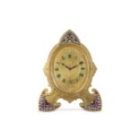 A 19TH CENTURY GILT BRONZE AND CHAMPLEVE ENAMEL STRUT CLOCK IN THE MANNER OF THOMAS COLE