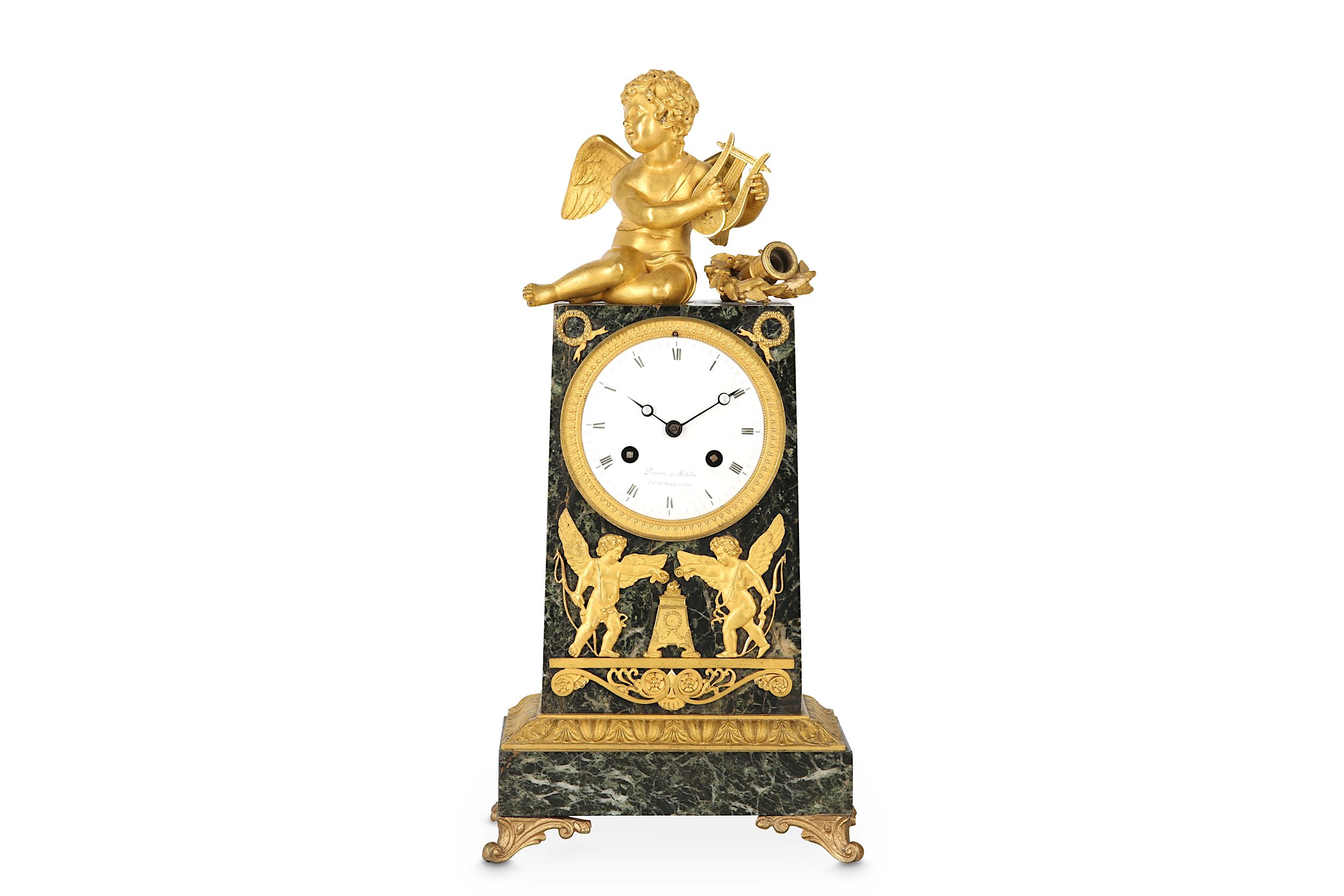 A FINE EMPIRE PERIOD FRENCH GILT BRONZE AND VERDE ANTICO MANTEL CLOCK SIGNED 'DENIERE & MATELIN, PAR