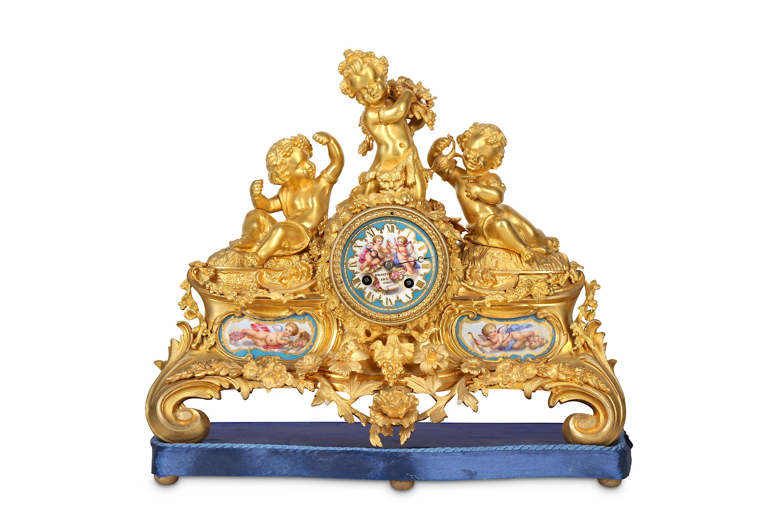 A FINE MID 19TH CENTURY FRENCH GILT BRONZE AND PORCELAIN FIGURAL MANTEL CLOCK BY BAVOZET & FILS, PAR