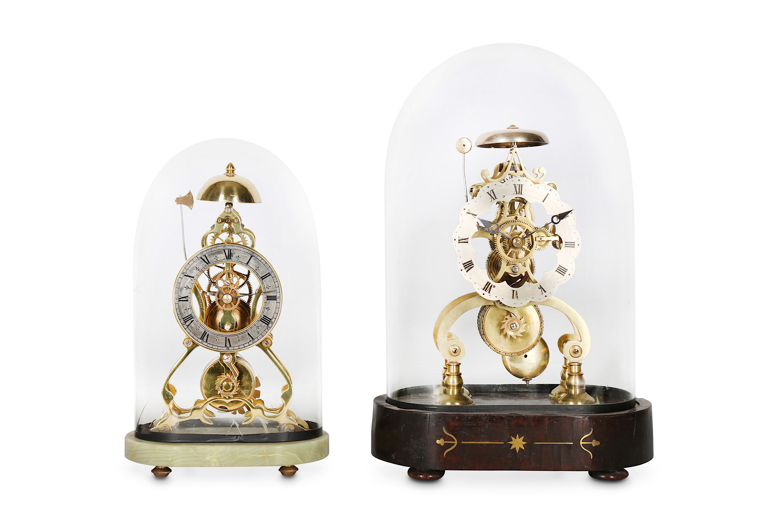 A 19TH CENTURY BRASS SKELETON CLOCK TOGETHER WITH ANOTHER