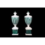 A PAIR OF NEO-CLASSICAL STYLE WHITE MARBLE AND MALACHITE INLAID URNS