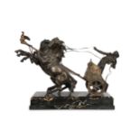 'CHAR DE LA VICTOIRE': A LARGE LATE 19TH CENTURY GILT AND PATINATED SPELTER GROUP DEPICTING A CHARIO