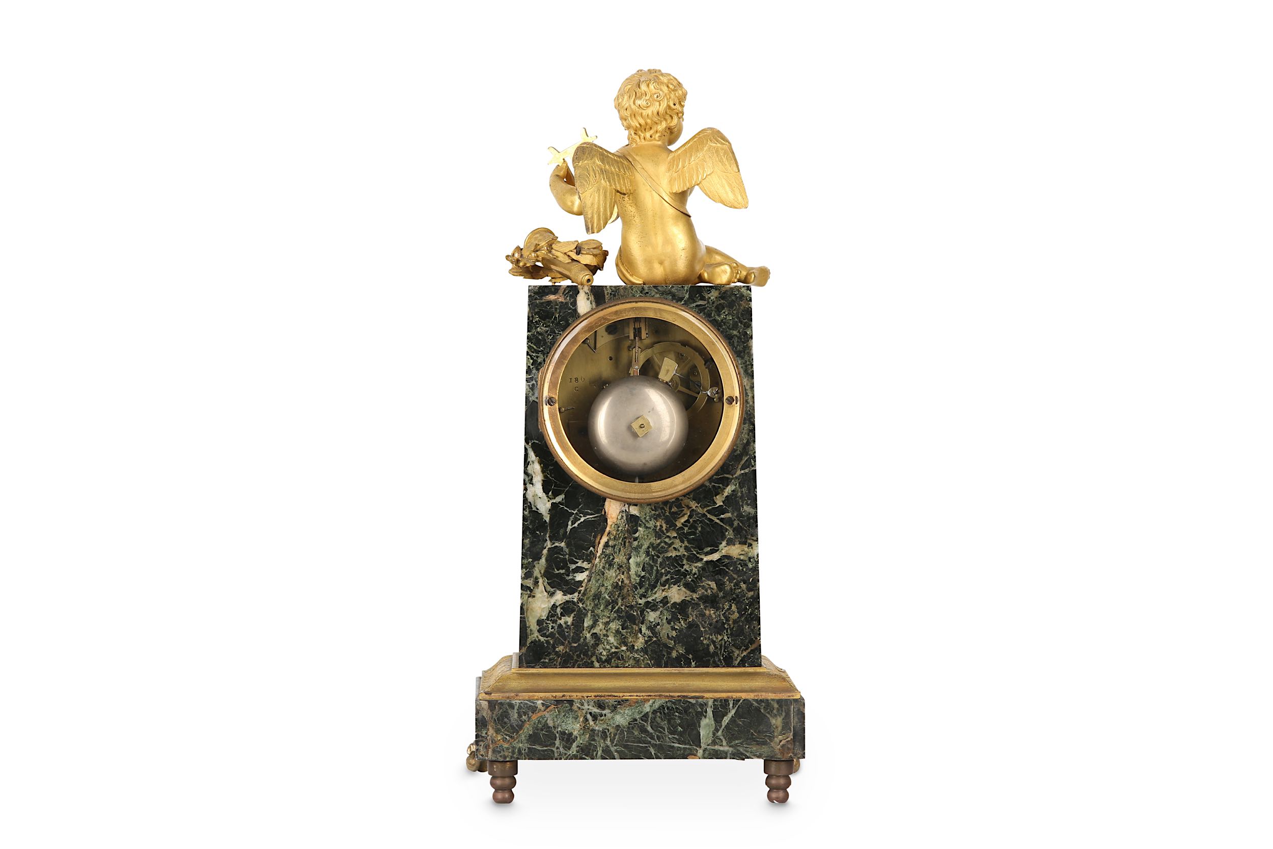 A FINE EMPIRE PERIOD FRENCH GILT BRONZE AND VERDE ANTICO MANTEL CLOCK SIGNED 'DENIERE & MATELIN, PAR - Image 3 of 10