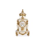 A LATE 19TH CENTURY FRENCH WHITE MARBLE AND GILT BRONZE MOUNTED MANTEL CLOCK